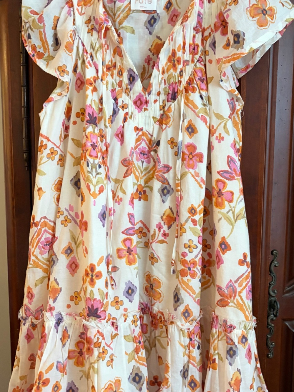 Fate Floral Ruffle Dress in Cream with Pink, Orange & Purple